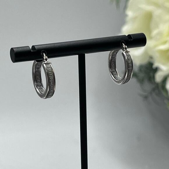 Designer HAN 925 Sterling Silver Pave Glitter Inside Outside Hoop Earrings - Picture 1 of 15